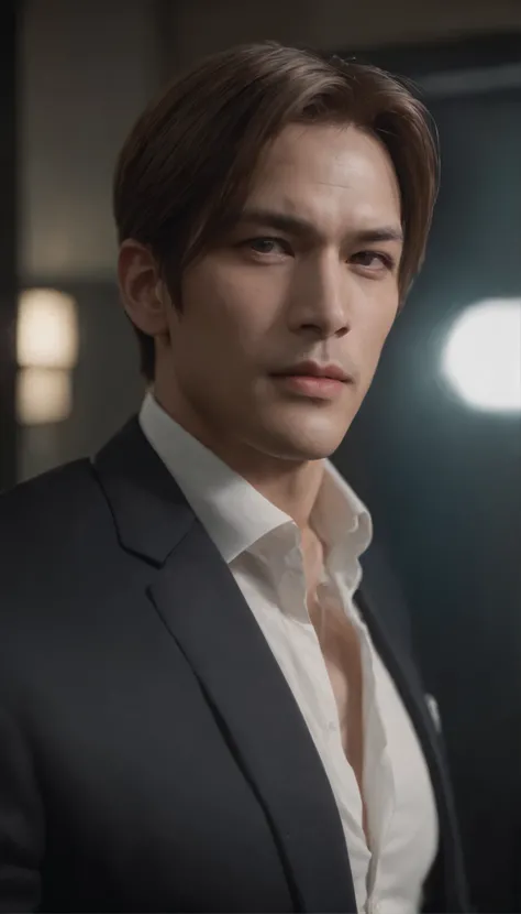 嚴屹寬, 夏以晝, leon kennedy, 1man, handsome, wears formal suit, muscular, Height 190 cm, broad shoulders, (eye details), best quality, masterpiece,realistic, photo-realistic