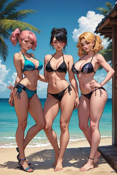 obra de arte, melhor qualidade, finamente detalhado, 5 meninas, (bishoujo), Bonitinho (peitos enormes), (decote), bikini, grupo, various characters