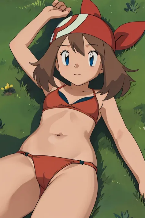 masutepiece, Best Quality, hight resolution, Outdoors, 1girl in, Solo, May (A pokémon), (((Brown hair))), bandana, (((lying,))) , (forrest:1.1), bikini 