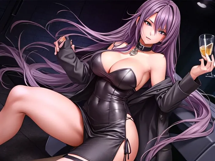 A beautiful adult woman with shoulder-length long light purple hair, big breasts, beautiful legs, and a sharp face is standing in a black miniskirt and a tube top under a suit.。