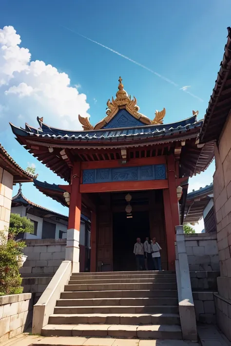 Sayudef, corpo todo, sorriso, corar, ao ar livre, dia, fundo simples, blue sky, cabelo curto, sky, Temple, looking at the audience, sentado nas escadas, Vila, Luzes mal-humoradas,