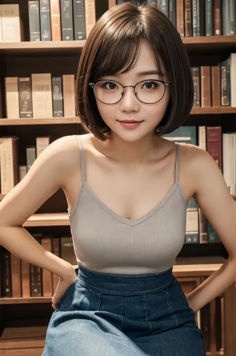 ((best quality, 8k, masterpiece :1.3)), 1girl, library, round face, pretty woman, super short hair,bob cut,full body shot,half s...