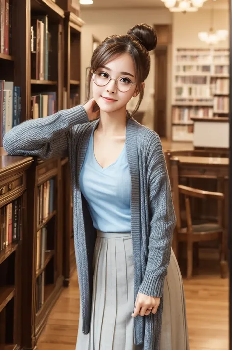 ((best quality, 8k, masterpiece :1.3)), 1girl, library, round face, pretty woman,bun hair,full body shot,half smile,cardigan,lon...