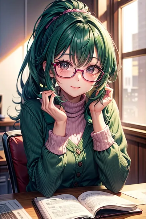 I have a desk job.
She wears pink-framed glasses.
She has long dark green hair. she has a ponytail.