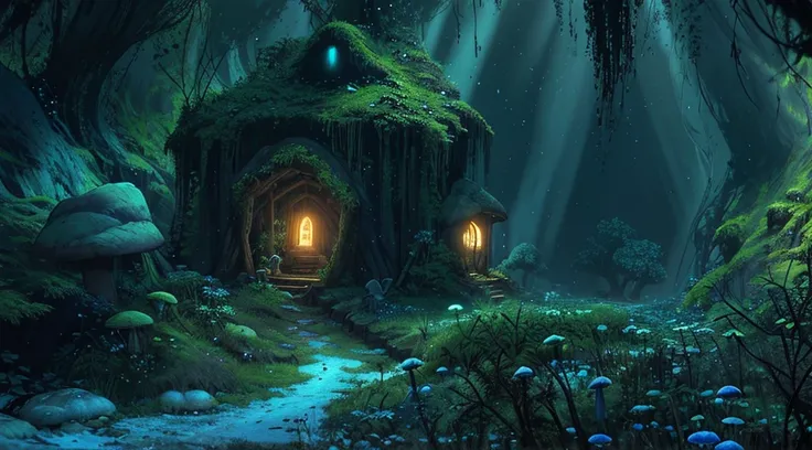 a hut in the middle of an underground mushroom forest, bioluminescence shot from far away, massive cavern structure, dense, volumetric lighting