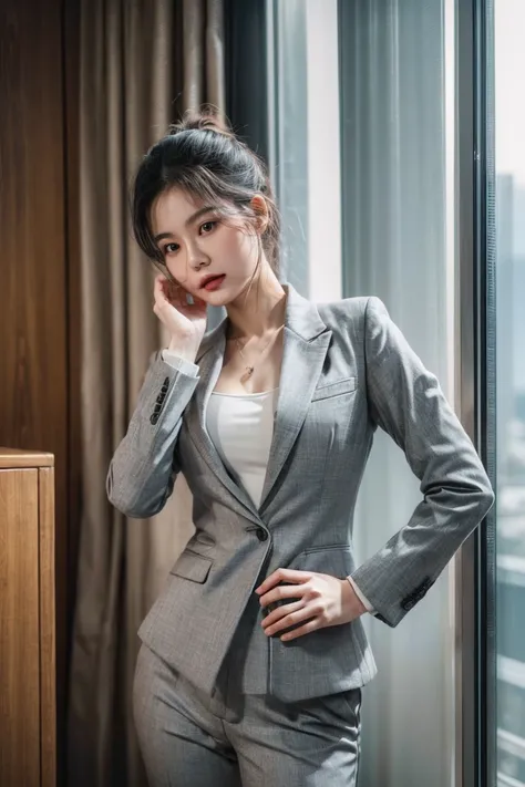 (8k, RAW photos, top quality, masterpiece: 1.2,(Best quality, 8k, 32k, Masterpiece, UHD:1.2), 1girl, asia, (25 year old), narrow waist, grey suit, front, suit body, pants, office room, 