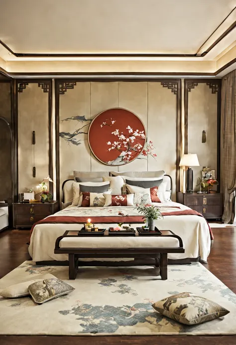 Lao Chen, Interior, Bedroom, New Chinese, couch, table, indoors, carpet, wooden floor