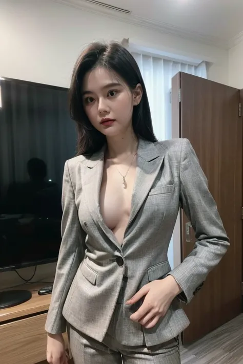 (8k, RAW photos, top quality, masterpiece: 1.2,(Best quality, 8k, 32k, Masterpiece, UHD:1.2), 1girl, asia, (25 year old), narrow waist, grey suit, front, suit body, pants, office room, 