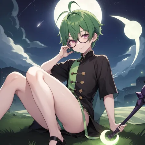 Shota boy,green hair,short hair,wearing a black circle glasses,two green antenna,purple eyes,cute,white skin,innocent,smiling,shy,night in shanghai,fullbody,in the night sky with clouds and moon,sleeping,holding a crescent-shaped magic staff,lying in the s...