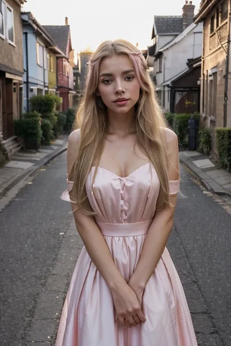 masterpiece, Best, 1 woman, blonde long-haired girl, light pink lips, evening gown, tranquility, intellectual, street view, facial details, Empty Street, sunny day, Village houses, dark dress, Hair gathered