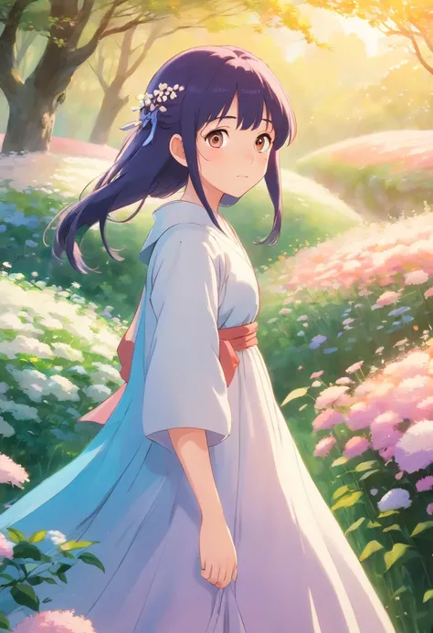 A stunning photograph captures Hinata, a beautiful lady, in a serene and ethereal setting. She stands in a lush flower field, her flowing dress matching the vibrant colors of the blossoms around her. The soft morning light illuminates her delicate features...