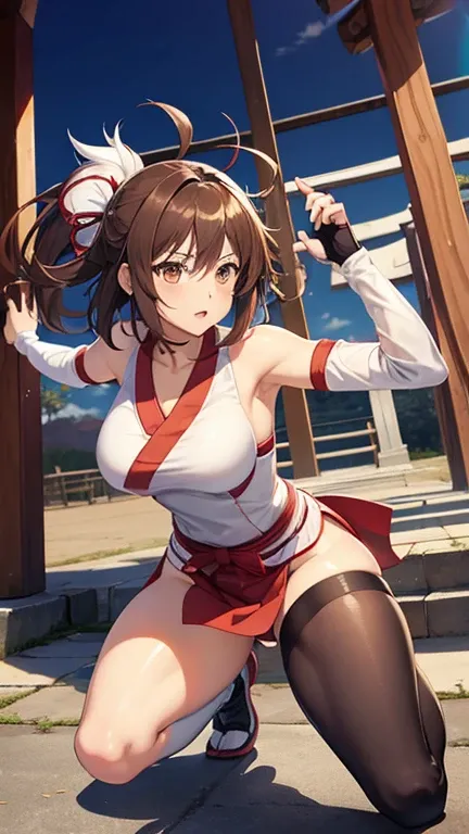 anime (Sekirei), teen lady , sexy (very big ), actress (Sekirei) , brown eyes , brown short hair that is to waist length, stockings, fingerless gloves, ahoge, boots, Miko outfit , She practices fighting at a Japanese shrine. 