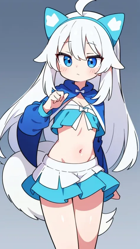 A lady with white hair，Wearing a blue and white dress。indifferent，grace，animal ears，shawl，belly button，dog ears，Du Qiong，anime girl