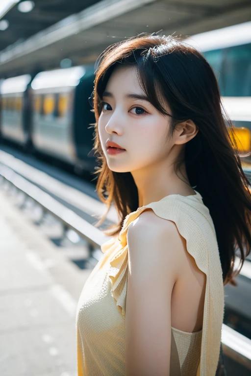 Cinematic Photo of a beautiful korean fashion model bokeh train