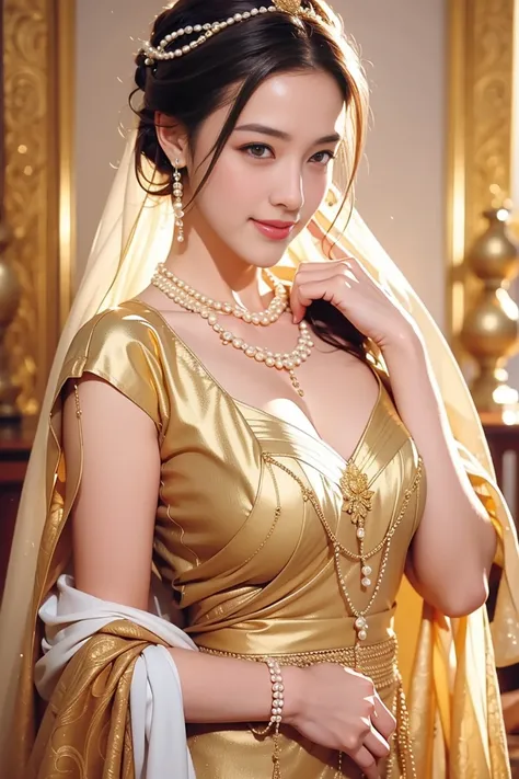 1 Pretty girl，Tighten the body，clothes details，There are intricate gold threads on the clothes，pearls necklace,white skinned，looking at viewert，Brown eyes，actual，are standing，ssmile，low chest，middling