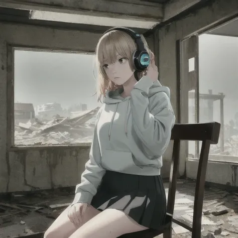 masterpiece, one girl, alone, incredibly absurd, hoodie, headphones, rain, neon,Future Soul Arts, Dirty woman sitting on chair in dilapidated house, wet and messy hair above the eyes,pleated skirt. vixip, Close-up scenery, hurt. hand drawn, cinematic light...