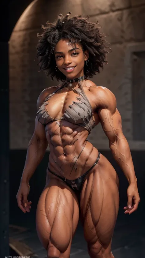 (Muscular:1.2), young african female, frizzy hair, (dark skin:1.3), bokeh, (freckles:0.9), (ripped, striations, shredded:1.0), six pack abs, upper body view, (thick legs, wide hips:1.6), long hard nipples, (small breasts:1.1), choker, short skirt, (sculped...