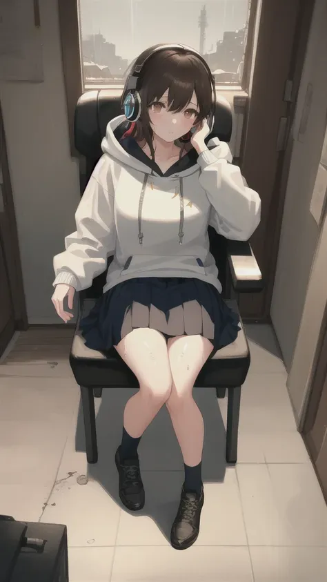 masterpiece, one girl, alone, incredibly absurd, hoodie, headphones, rain, neon,future soul arts, dirty woman sitting on chair i...