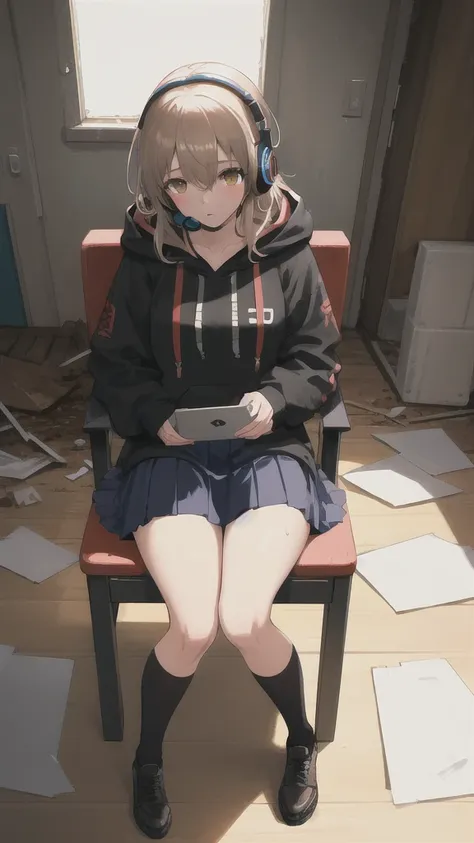 masterpiece, one girl, alone, incredibly absurd, hoodie, headphones, rain, neon,future soul arts, dirty woman sitting on chair i...