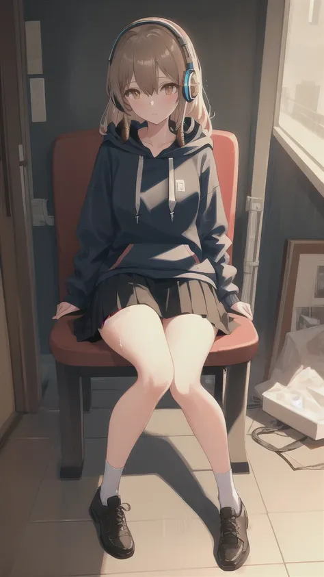 masterpiece, one girl, alone, incredibly absurd, hoodie, headphones, rain, neon,future soul arts, dirty woman sitting on chair i...