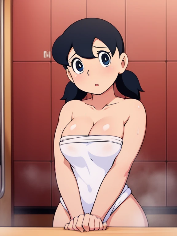 1girl, solo, slim, upper body, black hair, twintails, large breasts, short twintails, cleavage, wet towel, holding towel, nude cover, covering privates, bathtub, (perfect detailed anatomy, beautiful face&eyes, perfect body)