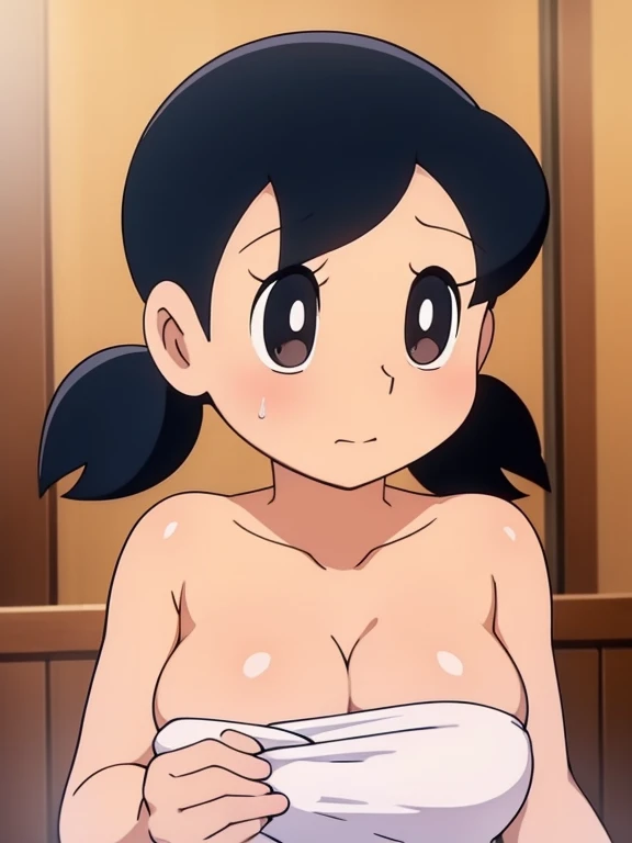 1girl, solo, slim, upper body, black hair, twintails, large breasts, short twintails, cleavage, wet towel, holding towel, nude cover, covering privates, bathtub, (perfect detailed anatomy, beautiful face&eyes, perfect body)