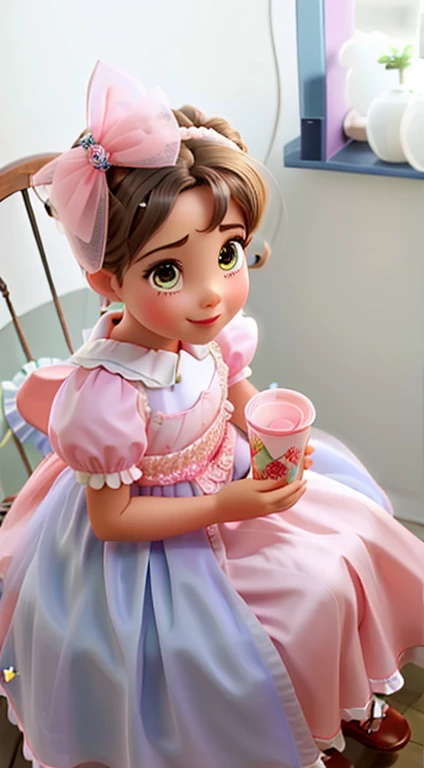 a close-up of a girl in a dress holding a cup, bela princesa, doce e inocente, Rosa lindo , vestida com um vestido rosa, cute and adorable, fofo lindo, sorrindo como uma rainha das fadas, lindo fofo, de uma linda  anjo, usando um vestido maravilhoso, princ...