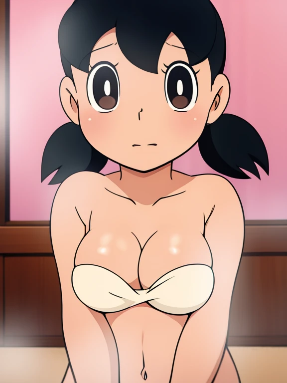 1girl, solo, slim, upper body, black hair, twintails, large breasts, short twintails, cleavage, (wet towel, holding towel, nude cover, covering privates), bathtub, (perfect detailed anatomy, beautiful face&eyes, perfect body)