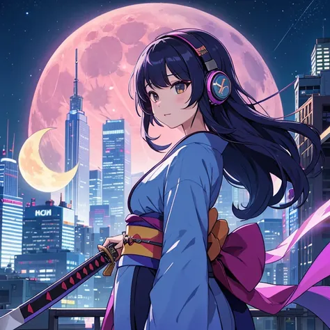 huge moon and skyscrapers、colorful kimono、one woman、headphones、（arms、Katana、have a weapon）、like the photo、sparkling、computer、thunder、cinematic light、８K、