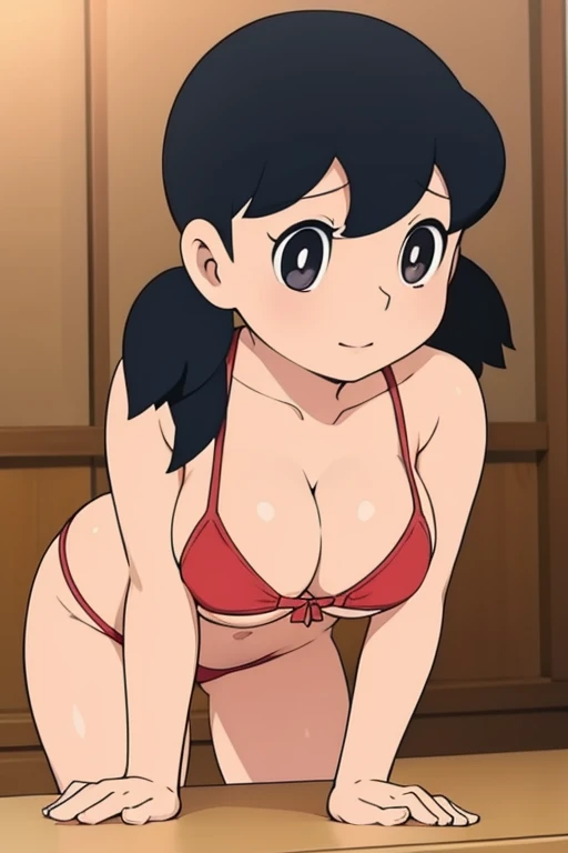 1girl, solo, slim, bent over, upper body, black hair, twintails, large breasts, short twintails, cleavage, red micro bikini, hands on bathtub, (perfect detailed anatomy, beautiful face&eyes, perfect body)