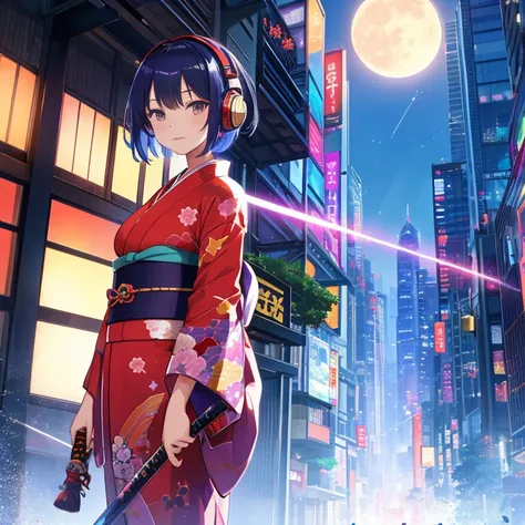 huge moon and skyscrapers、colorful kimono、one samurai girl、headphones、short hair（arms、Katana、have a weapon）、like the photo、sparkling、computer、thunder、cinematic light、８K、very detailed and beautiful、