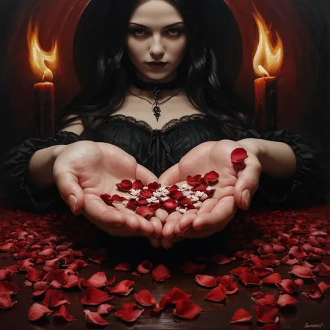 (best quality,highres,masterpiece:1.2),oil painting, vibrant dark, detailed blood, gothic style, womans white hand, rose petals fading away, small flame, main focus on the hands