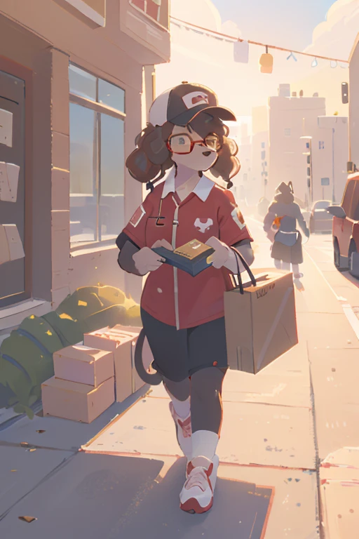 1girl, furry, anthro, canine, dog, poodle, female, dog_ears, curly_hair, black_fur, brown_fur glasses, pushing handtruck full of...