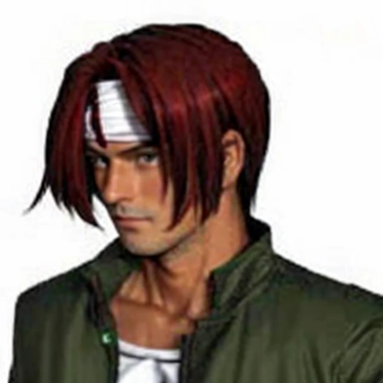 a close up of a tanned person with a red hair, brown eyes, white tshirt, a green jacket, wearing a white headband