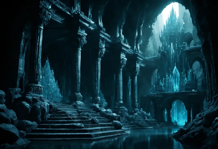 underworld, underground palaces of crystal, volumetric fill lighting, 8k, highly detailed