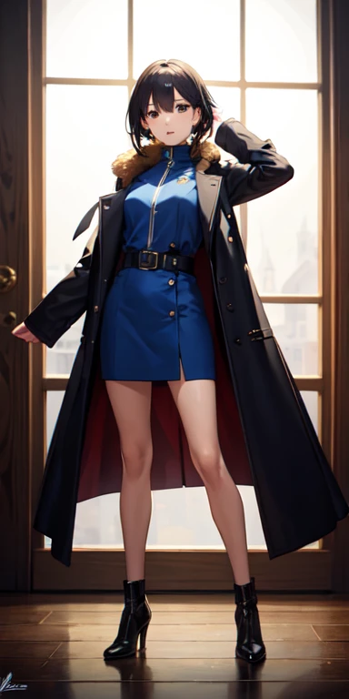 ((best quality)), ((masterpiece)), (detailed),full body anime picture of a female organization Elite , blue outfit ,  1 person , coat