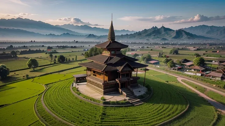 (minang house) mosque, and field, mountain, Indonesia drone shots