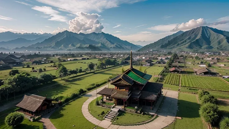 (minang house) mosque, and field, mountain, Indonesia drone shots