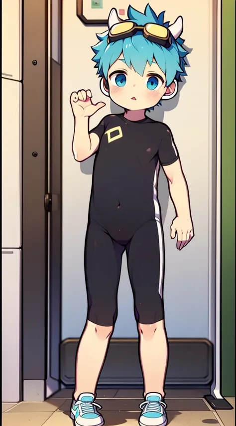 Two-dimensional boy Shota，bodysuit，cow horn，Cow ears，Wear the headphones on your head，stood up，goggles，sports shoes