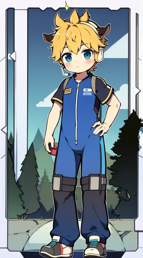 Two-dimensional boy Shota，One-piece hiking suit，cow horn，Cow ears，Wear the headphones on your head，stood up，goggles，sports shoes