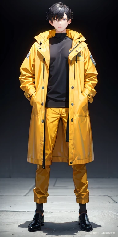 ((best quality)), ((masterpiece)), (detailed),full body anime picture of a male marketing member , yellow outfit ,  1 person , coat