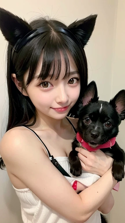 1 girl,nude,whole body, medium black hair, red eyes, green eyes, dog ears, dog ears, :3, Small fangs,Holding a dog,