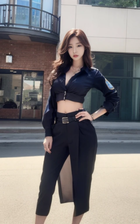 police officer、sexy and bold outfits、Very sexy、A woman with the same face as last time(misaki)，４Ｋ、１people&#39;s women、slender、 Loose wavy styling 、Full body shot from the front、seductive and attractive,Including face and skin texture，detailed eyes、Looks li...