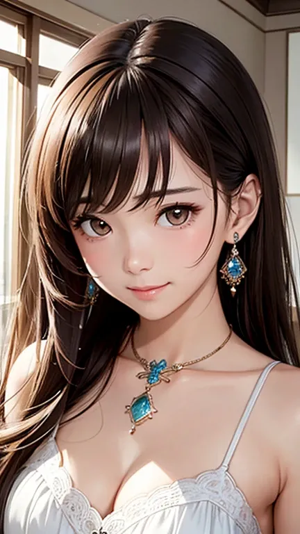 an unparalleled masterpiece、Ultra-realistic 8k CG、perfect artwork、wallpaper、1 Girl Girl Beautiful Girl、alone、beautiful face、
hair ornaments、looking at the viewer、Put a smile on your face、closed your mouth、hair ornaments、headless、jewelry、earrings、Brown hair...