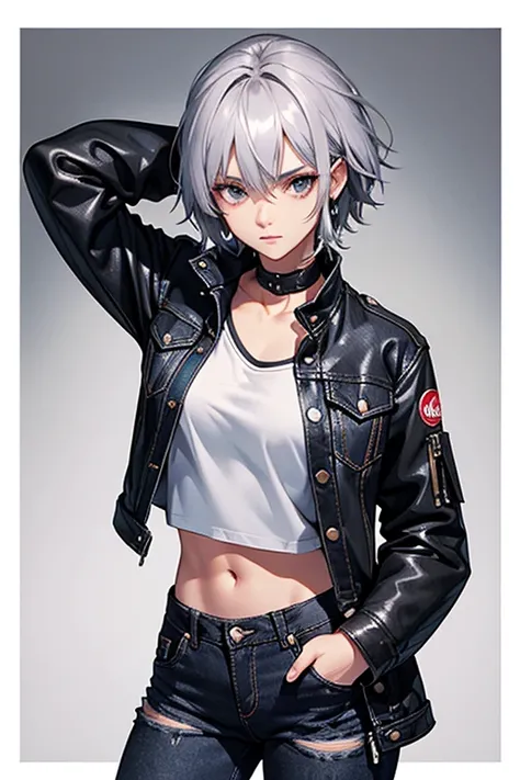 20th generation women,muscular,silver hair,Berry Short,hair stretched out on the back,Black denim jacket,Black denim pants