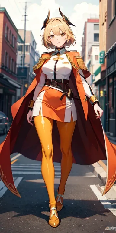 ((best quality)), ((masterpiece)), (detailed),full body anime picture of a female squad leader , orange outfit ,  1 person , gold markings , waist cape , white pantyhose