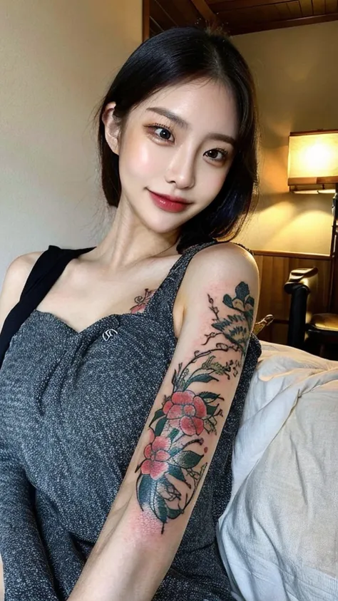 Irezumi tattoo covering the entire body, Irezumi tattoo covering the arm, Natural Pose, selfie ,