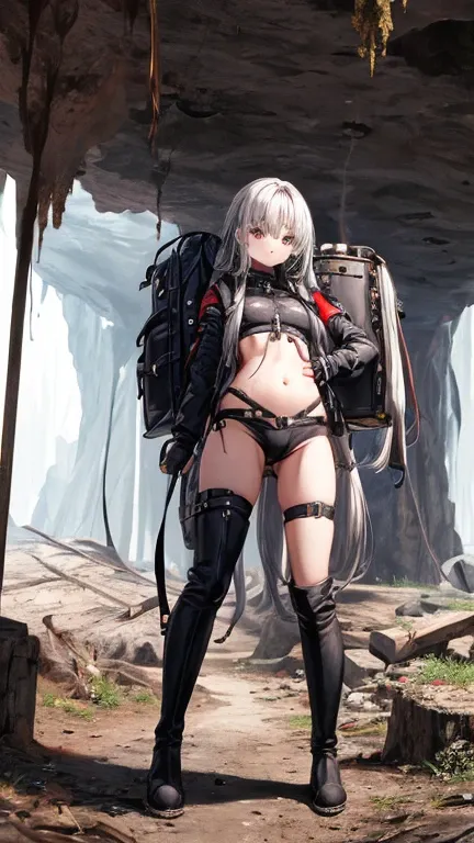 Underground caves、dark underground、girl exploring、long silver hair、Exploration suit with belly button exposed、Large backpack、Knee-high boots、17 years old