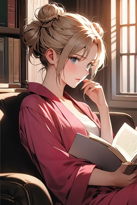 girls，smart face，Double bun hairstyle，pink toga，Hold a book in hand