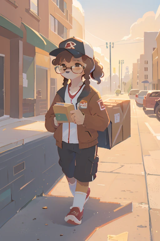 1girl, furry, anthro, canine, dog, female, dog_ears, curly_hair, black_fur, brown_fur glasses, delivery_driver, baseball_cap pon...